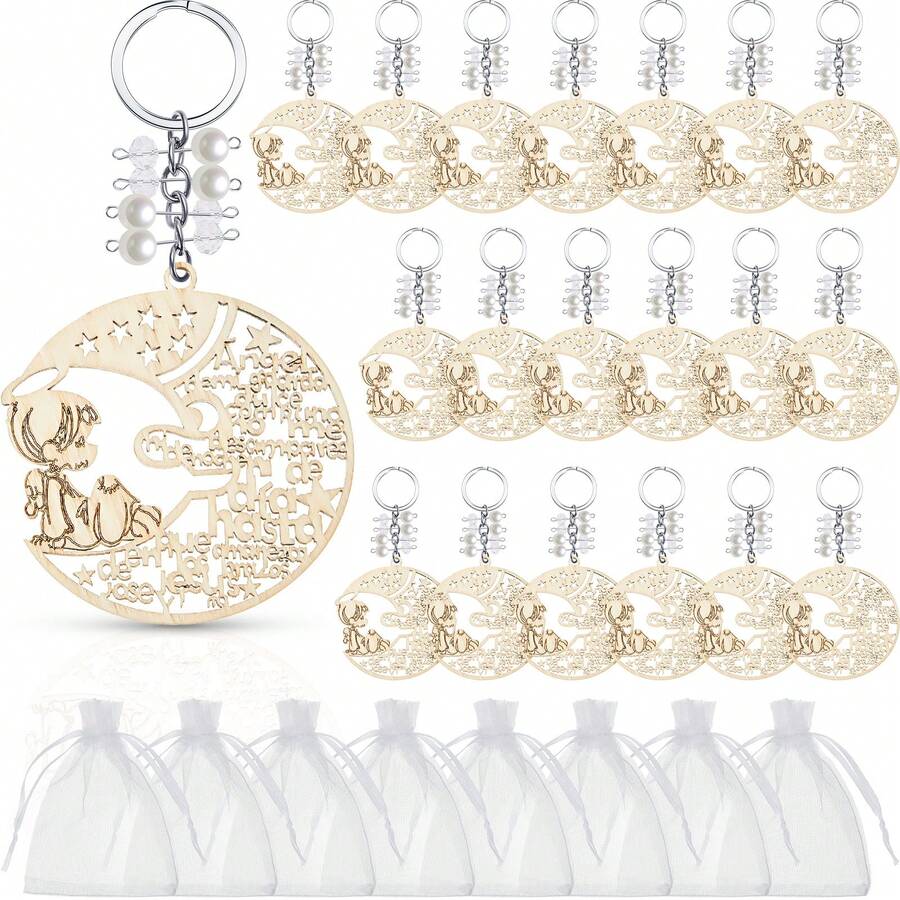 50 Pcs Angel Baptism Wood Keychains Moon Design Decorations With 50 Organza Bags For Christening Party(White Bead) - 彩色 - 查看 1