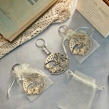 50 Pcs Angel Baptism Wood Keychains Moon Design Decorations With 50 Organza Bags For Christening Party(White Bead) - 彩色 - 查看 4
