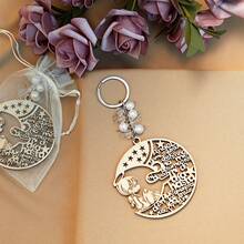 50 Pcs Angel Baptism Wood Keychains Moon Design Decorations With 50 Organza Bags For Christening Party(White Bead) - 彩色 - 查看 5