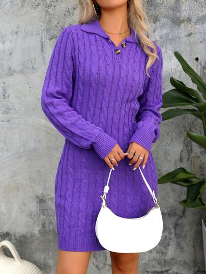 Cable Knit Texture Sweater Dress For Women, Casual New Style Solid Color Long Sleeve Button Turnover Collar Knitting Dress
