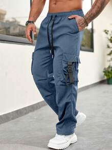 Men's Lightweight Functional Straight Loose Fit Cargo Pants With Large Pockets, Fashion Workwear, Spring/Summer - Blue - View 1