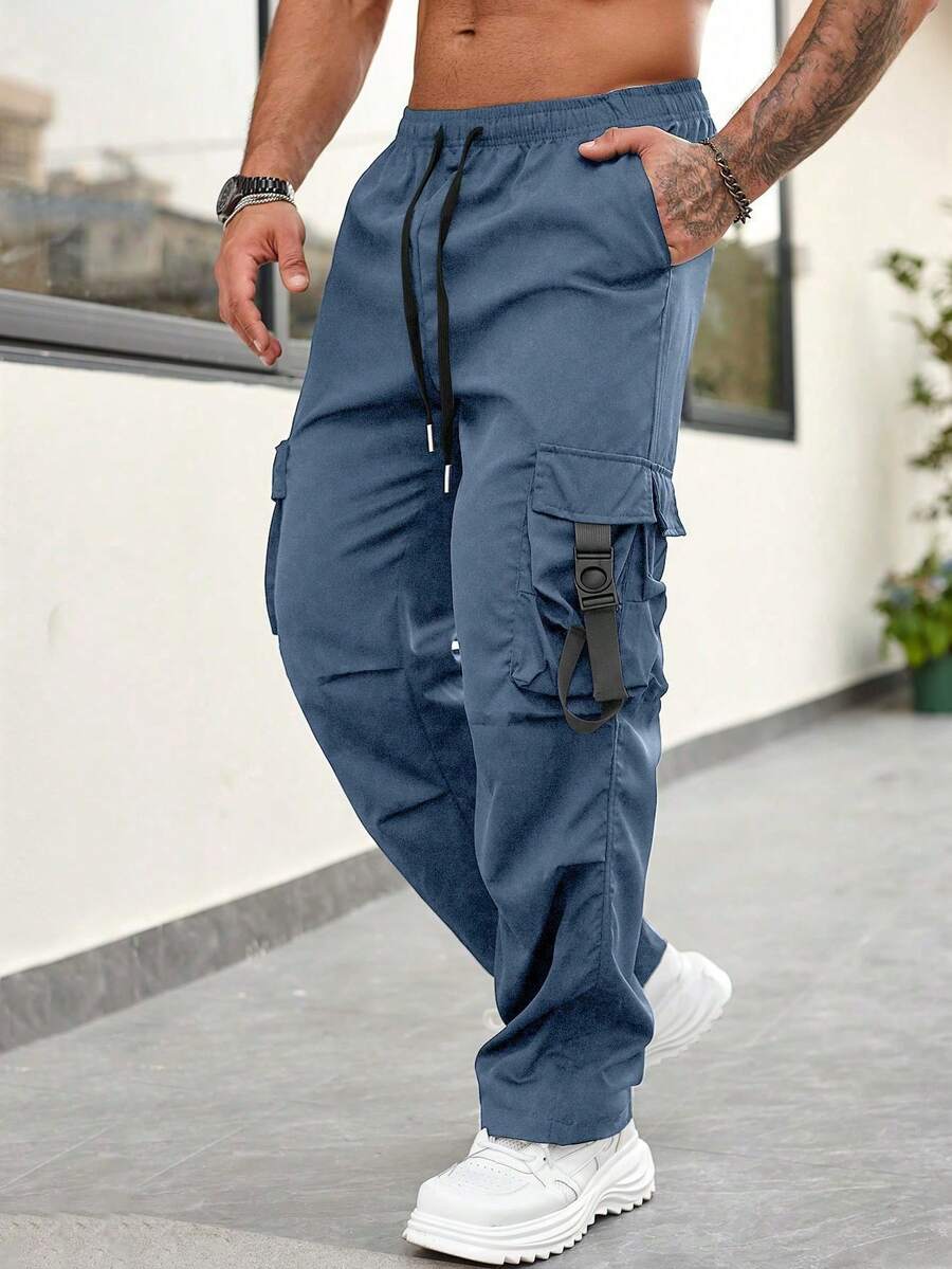 Men's Lightweight Functional Straight Loose Fit Cargo Pants With Large Pockets, Fashion Workwear, Spring/Summer - Blue - View 1
