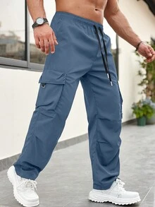 Men's Lightweight Functional Straight Loose Fit Cargo Pants With Large Pockets, Fashion Workwear, Spring/Summer - Blue - View 3