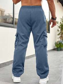 Men's Lightweight Functional Straight Loose Fit Cargo Pants With Large Pockets, Fashion Workwear, Spring/Summer - Blue - View 2
