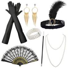 5/7 件 1920 年代风格头饰套装:羽毛头带、手套、仿珍珠项链、手扇、吊坠耳环 - 轻佻女郎派对服装配饰、复古万圣节服装情人节情人节舞会 - 黑色 - 查看 15