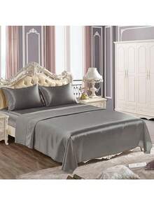 4 Pcs Smooth Satin Silk Sheet Set Deep Pocket Bed Sheet Wrinkle Fade Resistant - 黑色 - 查看 4