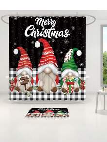 4 件套圣诞黑色雪花背景三个小矮人多功能装饰浴室防水浴帘，带 12 个挂钩、防滑浴室垫、U 型地垫和圆形马桶盖套装，适用于所有浴室场景 - 彩色 - 查看 5