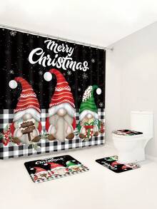 4 件套圣诞黑色雪花背景三个小矮人多功能装饰浴室防水浴帘，带 12 个挂钩、防滑浴室垫、U 型地垫和圆形马桶盖套装，适用于所有浴室场景 - 彩色 - 查看 4