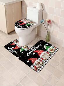 4 件套圣诞黑色雪花背景三个小矮人多功能装饰浴室防水浴帘，带 12 个挂钩、防滑浴室垫、U 型地垫和圆形马桶盖套装，适用于所有浴室场景 - 彩色 - 查看 7