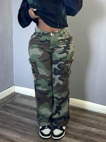 American Street Style Camouflage Cargo Straight Leg Jeans