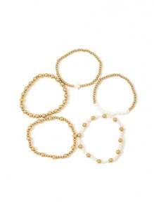 5 件波西米亚金色串珠手链女款仿珍珠可堆叠弹力珠球手链十字架首饰套装女士青少年女孩情人节珠宝礼物 - 金黃色 - 查看 6