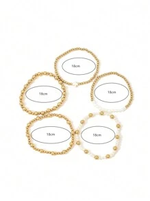 5 件波西米亚金色串珠手链女款仿珍珠可堆叠弹力珠球手链十字架首饰套装女士青少年女孩情人节珠宝礼物 - 金黃色 - 查看 7