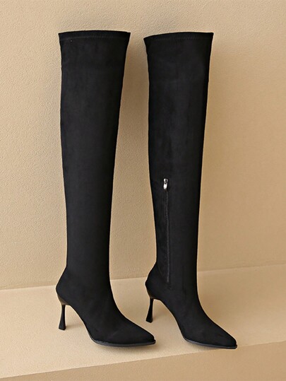 New Pointed Toe Fashion Thigh High Boots, Side Zipper Elastic Skinny Over The Knee Boots, Slim Fit Long Shaft Black Color High Heels, Sexy Big Size Dress Boots