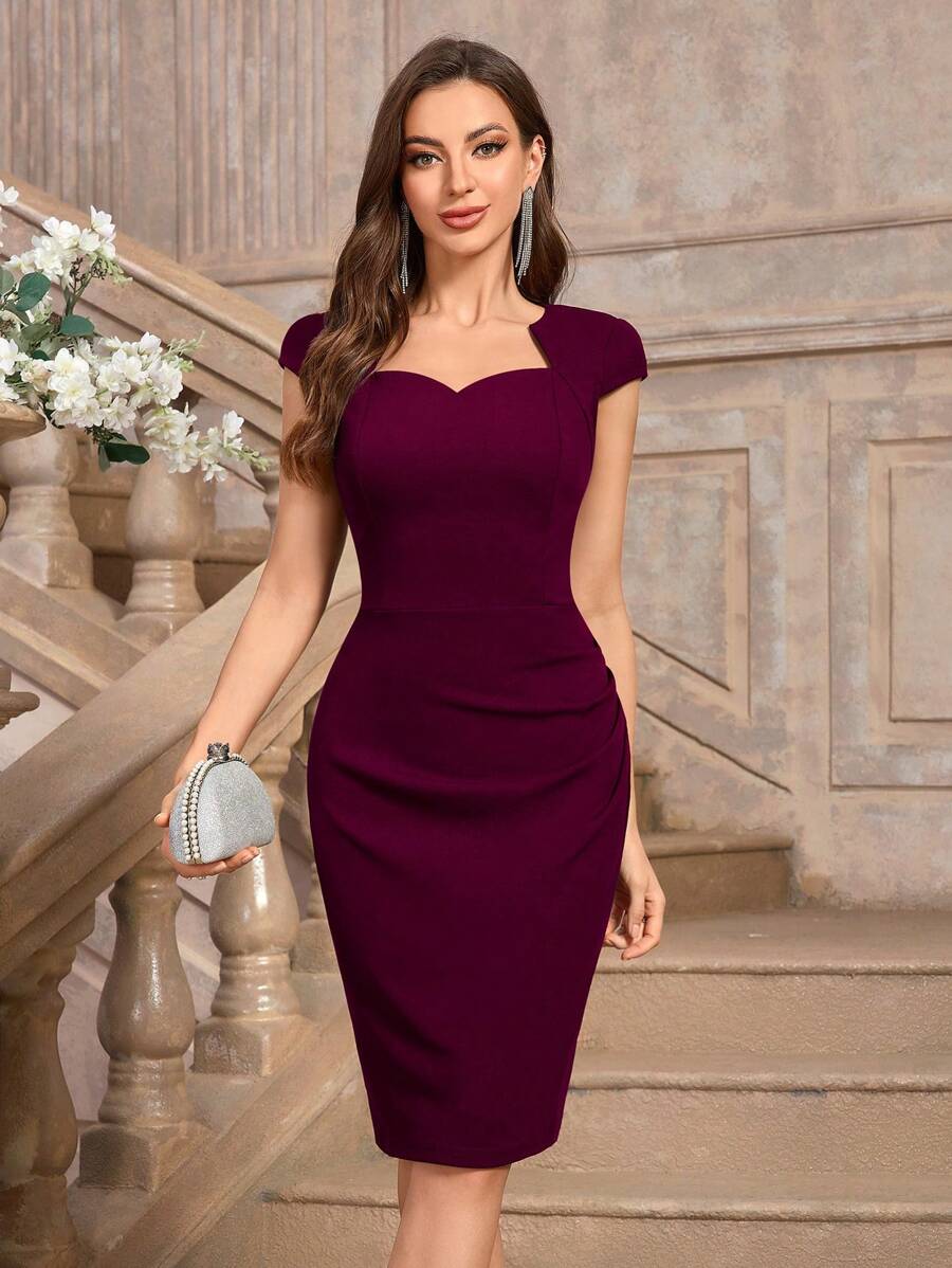 MIUSOL Elegant Solid Color Sweetheart Neck Short Sleeve Ruched Cocktail Party Bodycon Dress