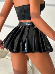 Women's Fashionable Sexy PU Patent Leather Mini Pleated Mini Skirt Black Spring - Black - View 1