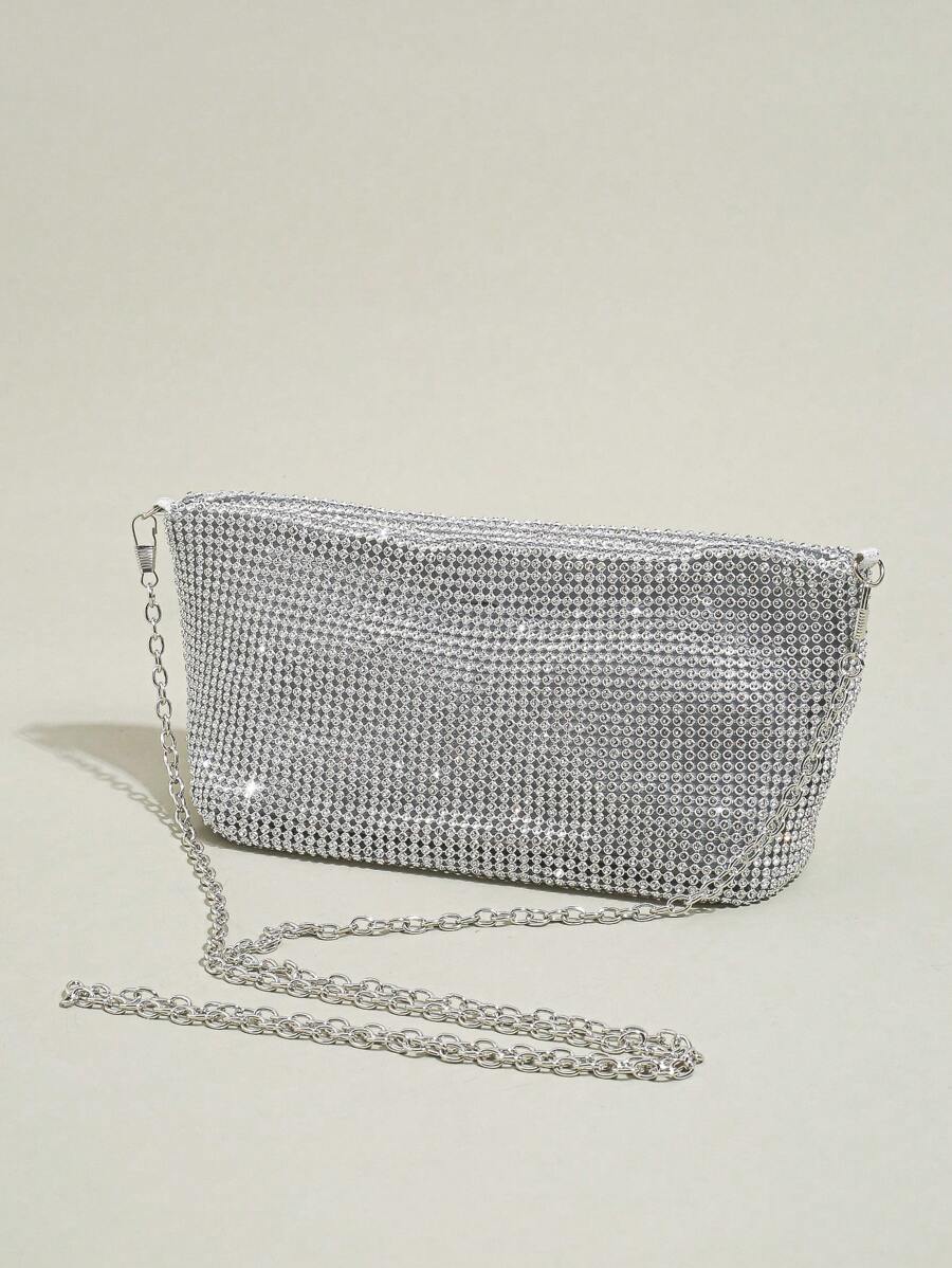 女士锁子甲手拿包晚宴包，水晶链网闪光晚宴单肩包，可拆卸链条，优雅精致的方形派对晚宴包，斜挎晚宴包，派对女孩手拿包，女士，适合派对、婚礼、舞会、晚宴/宴会，适合女士的最佳礼物，适合狂欢节婚礼手提包，适合派对和舞会 - 銀色 - 查看 1