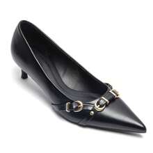 Black Low Heel Pumps With Gold Buckle Details – Assured Elegance For Women - Black - View 1