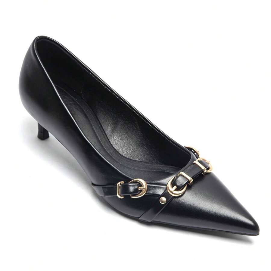 Black Low Heel Pumps With Gold Buckle Details – Assured Elegance For Women - Black - View 1