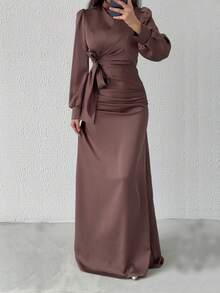 Elegant Solid Color Twist Collar Pleated Long Sleeve Dress, Modest