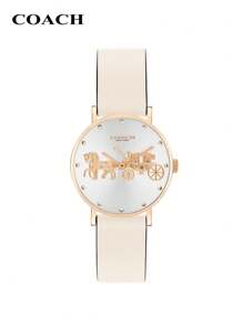 Coach 佩里 (Perry) 女士石英腕表，米色皮革表带，优雅女士标志性马车标志表盘，防水深度 3 ATM/30 米，适合女性