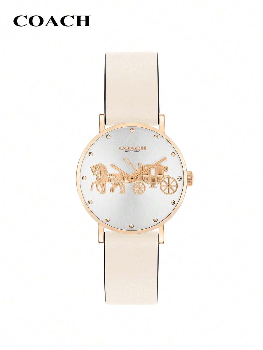 Coach 佩里 (Perry) 女士石英腕表，米色皮革表带，优雅女士标志性马车标志表盘，防水深度 3 ATM/30 米，适合女性