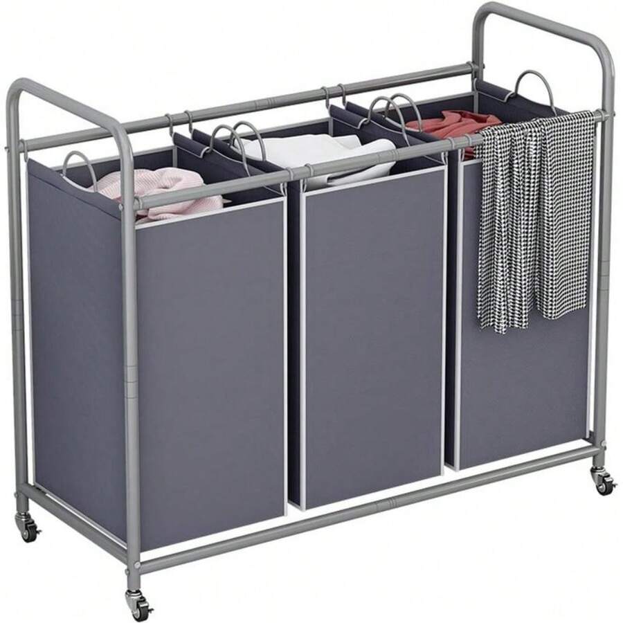3Bag Laundry Basket Sorter Laundry Hamper Cart With Heavy Duty Rolling