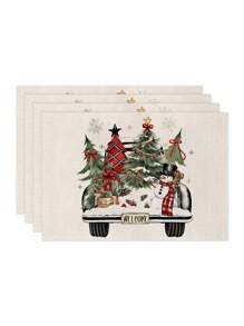 1 件/4 件/6 件圣诞冬季餐垫、圣诞车、冬青树花瓶麋鹿亚麻餐垫、防污餐垫，适用于家庭、餐厅、餐桌装饰、家居用品