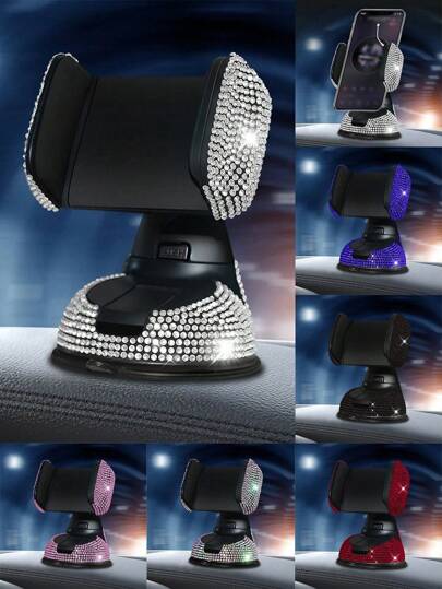 1pc Rhinestone Studded Car Phone Holder, Suction Cup Rotation Mount Smartphone Stand For Car Navigation Compatible With IPhone, Android Phone, Gift For Birthday, Family, Friends Car Accessories
