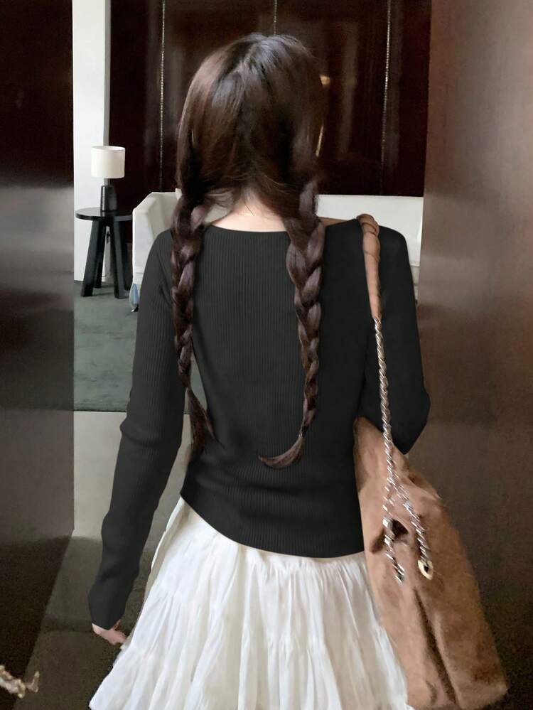 RUIWY 女士甜美蝴蝶结设计撞色长袖修身圆领毛衣，适合秋季穿着 - 黑色 - 查看 4