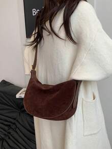 秋冬季女士纯色绒面斜挎包，复古时尚手提包，配有可调节肩带和拉链开合，适合日常外出、约会、通勤、度假、户外、送礼 - 咖啡棕 - 查看 11