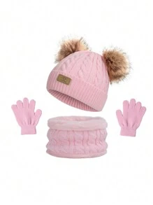 3pcs/Set Children's Warm 3 Pieces Set, & Fashionable Cold-Proof Heart Pattern Knit Hat For Autumn/Winter - Solid Color Love Two Piece Set - View 8