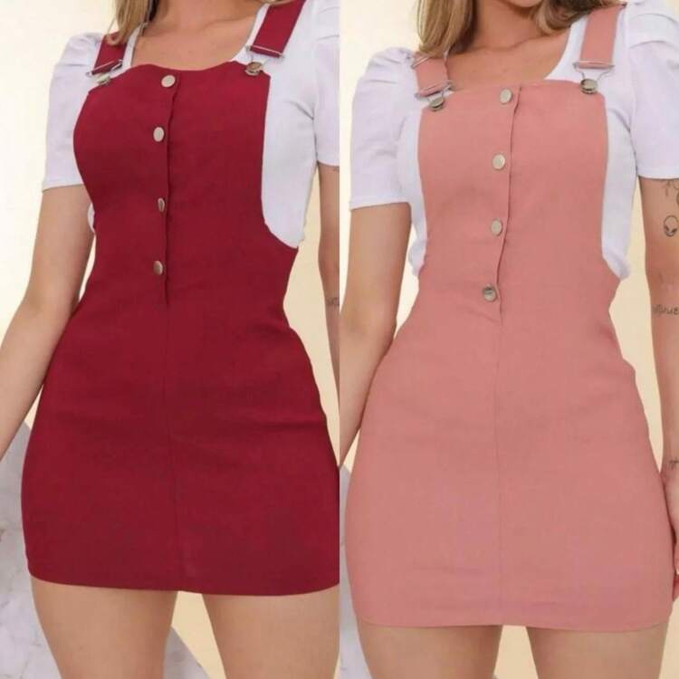 Kit 2 Women's Bengaline Dungaree Dress With Button Promotion - hoa hồng và rượu vang - Xem 2