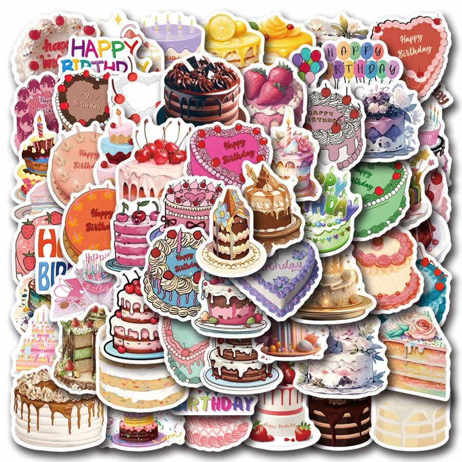 60 张生日快乐蛋糕贴纸乙烯基美学贴纸，适用于剪贴簿、日记、笔记本电脑、保险杠、滑板、水瓶、电脑、手机、卡通、安全帽、汽车贴纸和贴花 - 彩色 - 查看 1