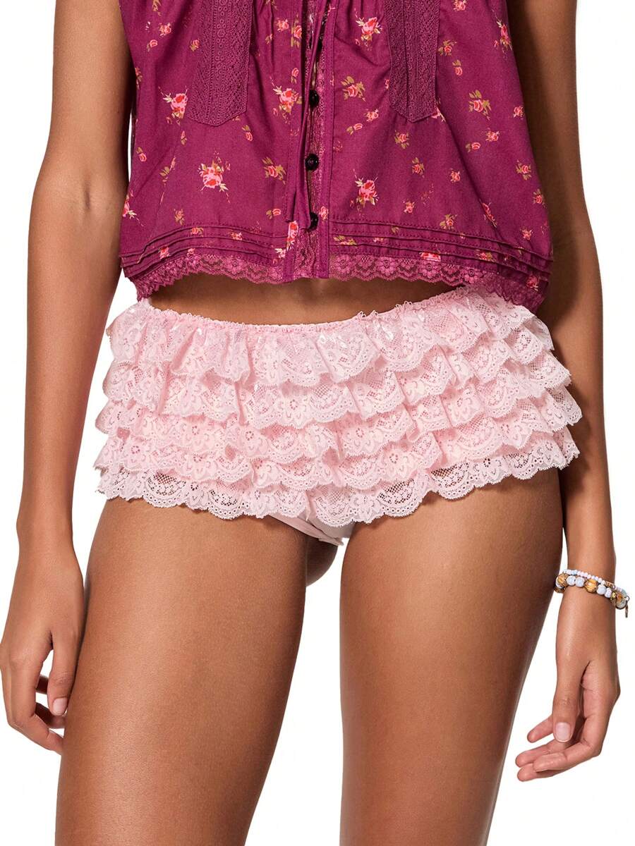 Women's Lace Tiered Ruffled Shorts Cute Bottoms High Rise Lolita Short Pants For Summer - 粉色 - 查看 1