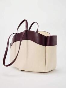 Túi Tote Canvas Thời Trang Mới 2024 Cho Nữ, Chắp Vá, Sức Chứa Lớn, Túi Đi Làm Và Mua Sắm, Quai Đeo Trên & Vai - Màu Đỏ Sâu - Xem 4