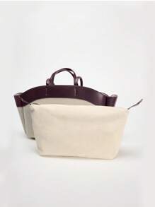 Túi Tote Canvas Thời Trang Mới 2024 Cho Nữ, Chắp Vá, Sức Chứa Lớn, Túi Đi Làm Và Mua Sắm, Quai Đeo Trên & Vai - Màu Đỏ Sâu - Xem 3