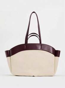 Túi Tote Canvas Thời Trang Mới 2024 Cho Nữ, Chắp Vá, Sức Chứa Lớn, Túi Đi Làm Và Mua Sắm, Quai Đeo Trên & Vai - Màu Đỏ Sâu - Xem 1