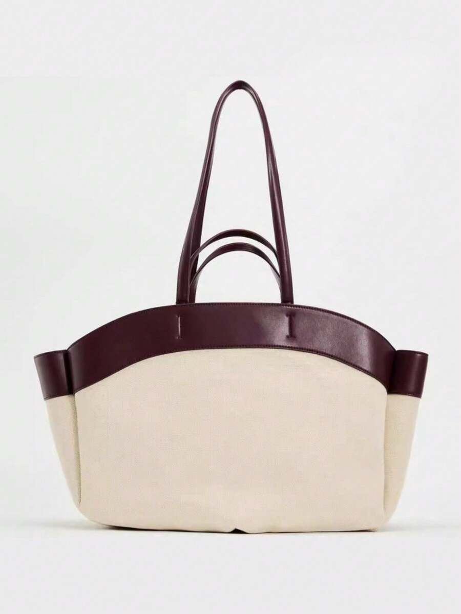 Túi Tote Canvas Thời Trang Mới 2024 Cho Nữ, Chắp Vá, Sức Chứa Lớn, Túi Đi Làm Và Mua Sắm, Quai Đeo Trên & Vai - Màu Đỏ Sâu - Xem 1