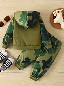 2pcs Set: Camouflage Print Letter Graphic Sweatshirt + Camo Print Letter Graphic Pants, Autumn/Winter - Army Green - View 3