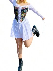 Womens Vintage Jacquard Bandage Camisole Boat Neck Flounce Irregular Suspender Corset - Black - View 3