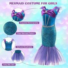 Girls Mermaid Costume, Girls Princess Dress With Mermaid Accessories, Long Evening Dress Costume For Girls, Mermaid Dress For Cosplay, Carnival, Wedding, Birthday Party - 彩色 - 查看 2