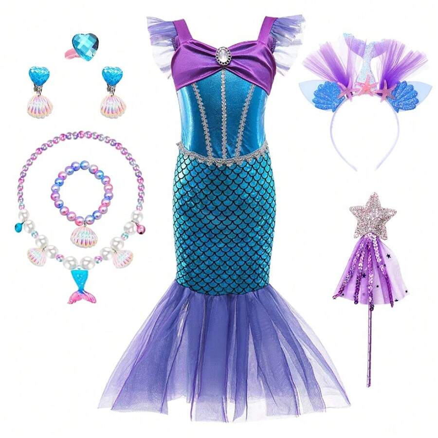 Girls Mermaid Costume, Girls Princess Dress With Mermaid Accessories, Long Evening Dress Costume For Girls, Mermaid Dress For Cosplay, Carnival, Wedding, Birthday Party - 彩色 - 查看 1