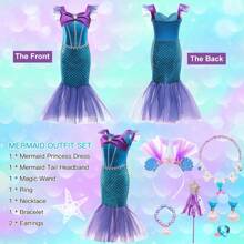 Girls Mermaid Costume, Girls Princess Dress With Mermaid Accessories, Long Evening Dress Costume For Girls, Mermaid Dress For Cosplay, Carnival, Wedding, Birthday Party - 彩色 - 查看 3