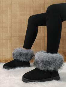 新款女士时尚休闲保暖防滑户外毛边雪地靴，冬季百搭黑色鞋 - 黑色 - 查看 2