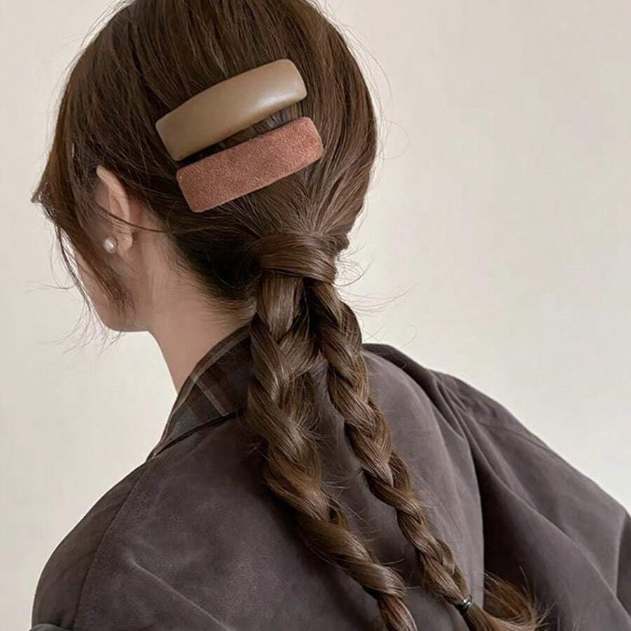 2 件装女士多色面料和仿皮 BB 发夹，秋冬新款复古格子咖啡色时尚发饰，别致街头时尚日常使用