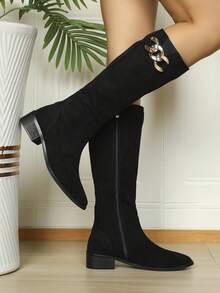 New Black Minimalist Design Zipper Inside Easy To Wear, Leg Lengthening, Height Increasing Round Toe, Chunky Heel, Metal Chain Decor Fashion Tall Boots For Women - Black - View 3