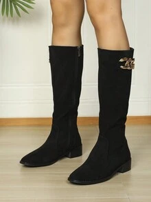 New Black Minimalist Design Zipper Inside Easy To Wear, Leg Lengthening, Height Increasing Round Toe, Chunky Heel, Metal Chain Decor Fashion Tall Boots For Women - Black - View 5