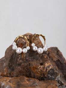 Uworld 1 对甜美复古女士 U 形珍珠耳环日常百搭不锈钢耳环 - 珍珠 - 查看 7