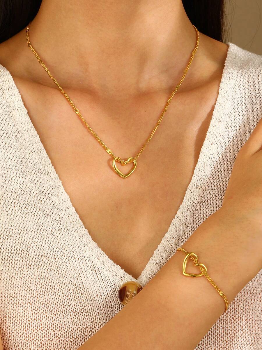 2 件套时尚镂空心形吊坠项链和手链套装，简约设计 - 愛心 - 查看 1