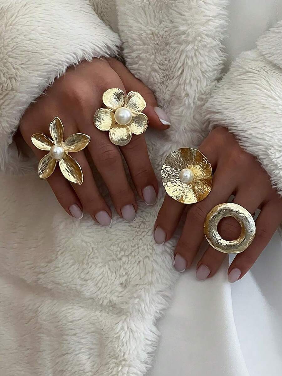 Bộ 1-4 chiếc nhẫn trang trí hình hoa và ngọc trai giả hình học phóng đại, quà tặng cho chị gái, tiệc tùng, hẹn hò, sinh nhật, giáng sinh, trang phục thường ngày - Vàng - Xem 1